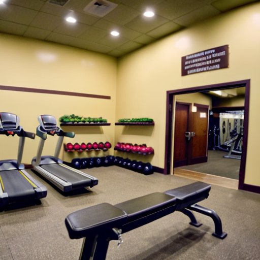 Организованный спортзал с фитнес-оборудованием, здоровой пищей и мотивационными цитатами.