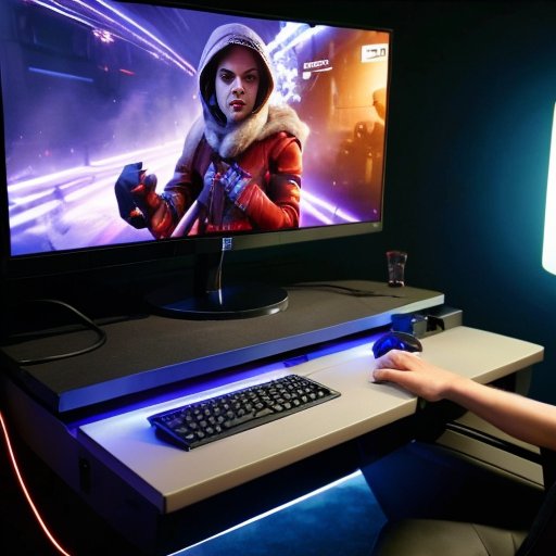 Современный игровой сетап с мышью, клавиатурой и монитором, отображающим шутер.