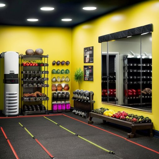 Организованный тренажёрный зал с весами, резиновыми лентами и продуктами для питания, включая белковый порошок. На белой доске - план тренировок и расписание питания. Яркая и