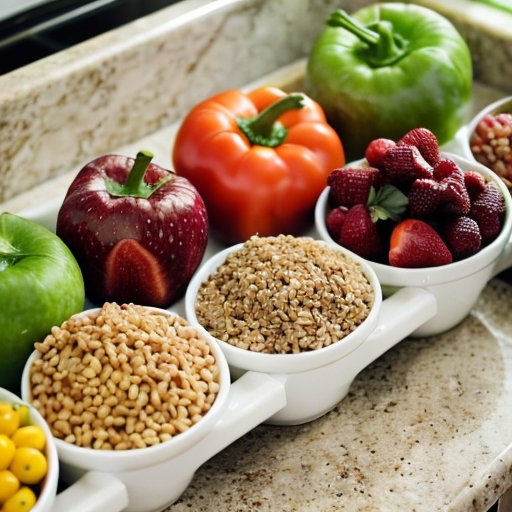 Упорядоченная кухня с здоровой едой, водой и гантелями для фитнеса.