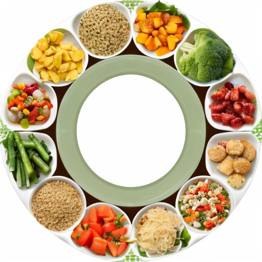 Сбалансированное питание: тарелка с овощами, белками, цельными злаками и здоровыми жирами на фоне светлой кухни.