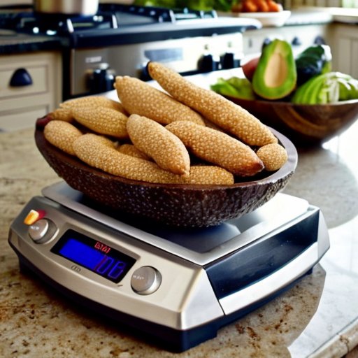 Упорядоченная кухня с питательными продуктами для набора веса, весами и мерными чашками.