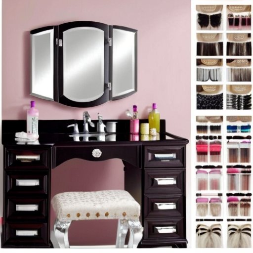 Современный интерьер стильного салона красоты с яркими аксессуарами для волос и зеркалом, отражающим разнообразие цветов.