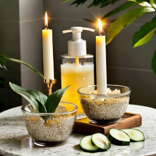 Спокойная ванная комната с уходом за кожей: скрабы, маска, фрукты, вода с огурцом и уютный декор.