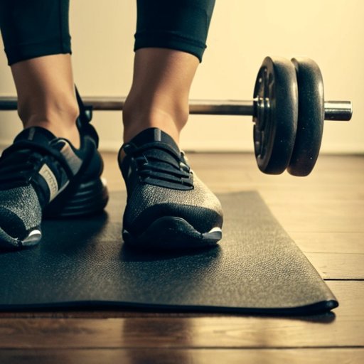 Фитнес-сцена: гантеля, йога-мат и бутылка с водой на деревянном полу, на стене мотивационная цитата. Яркое освещение.