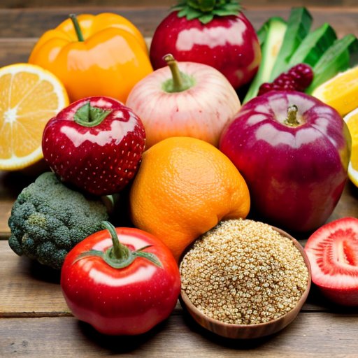 Здоровая еда на деревянном столе: фрукты, овощи, белки и злаки, йога-мат и бутылка воды.