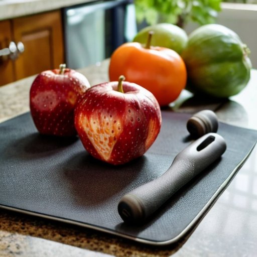 Организованная кухня с полезными продуктами и спортивным инвентарем.