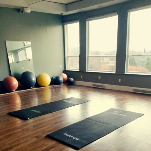 Спокойная фитнес-студия с деревянным полом, большими окнами, спортивным инвентарем и мотивационной цитатой.