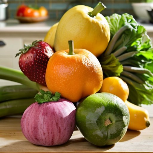 Спокойная кухня с яркими фруктами и овощами, бутылкой воды и гантелями, символизирующая здоровый образ жизни.