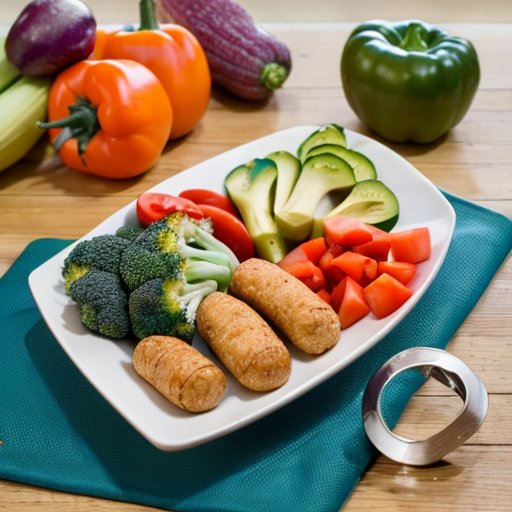 Сбалансированное питание и фитнес-оборудование на фоне здорового образа жизни.