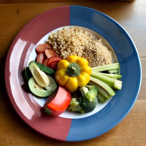 Здоровая сбалансированная тарелка с овощами, белками, цельными злаками и полезными жирами на фоне бутылки с водой и йога-матом.