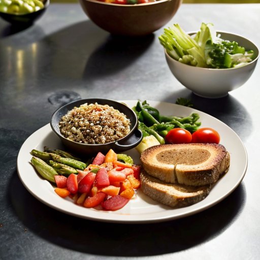 Сбалансированное блюдо с разнообразными здоровыми продуктами на фоне кухни.