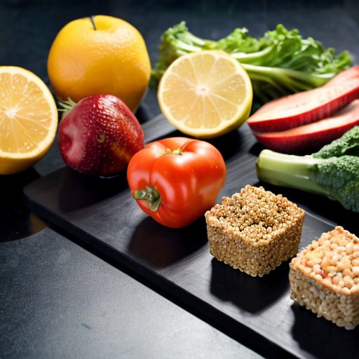 Кухонный стол с полезными продуктами и фитнес-аксессуарами для активного образа жизни.