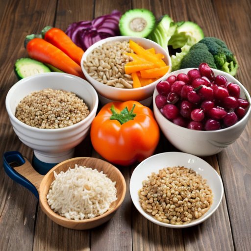 Здоровая еда на тарелке, фрукты, овощи и спортинвентарь.