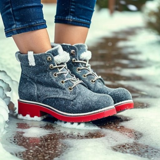 Снежная тропинка с различными подошвами обуви, зимний пейзаж и инструменты для улучшения сцепления.
