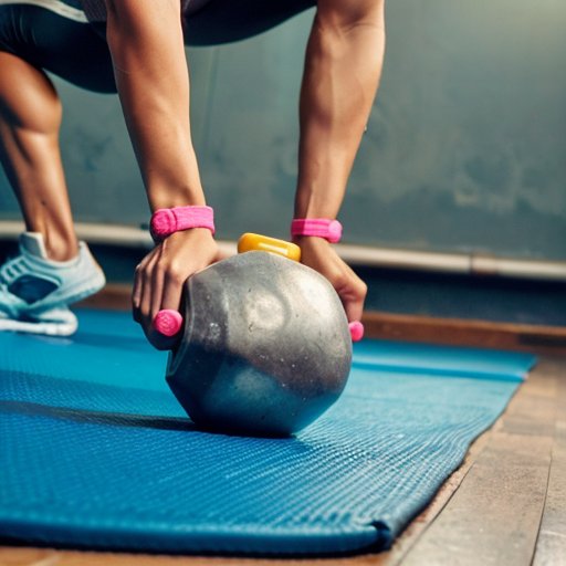 Спортивный зал: гантеля на йога-мате, рядом бутылка воды, протеиновый коктейль и орехи. На стене мотивационные цитаты и эспандер.