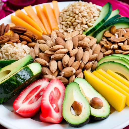 Цветное блюдо с разделами для углеводов, белков и жиров, окруженное иконками для гидратации, контроля порций и здоровых методов приготовления.