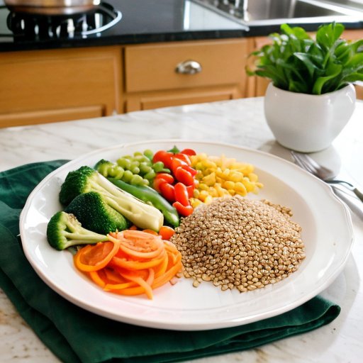 Цветная тарелка с разнообразной здоровой пищей и инструментами для контроля порций на фоне светлой кухни.