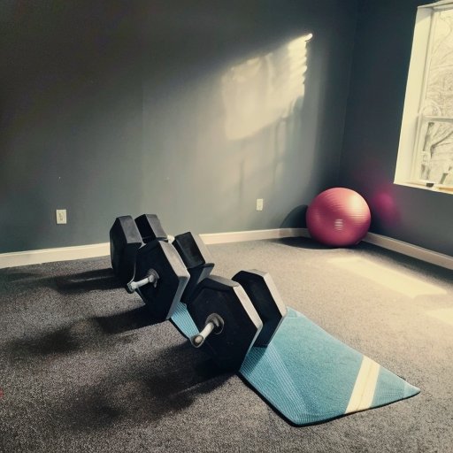 Спокойное пространство для домашних тренировок с ярким ковриком, гантелями и резиновыми лентами на фоне уютной гостиной.