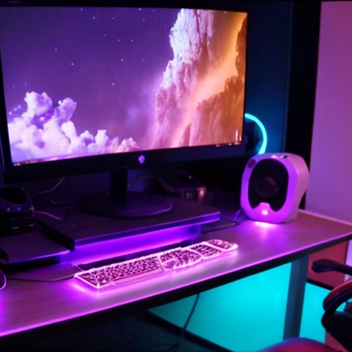 Эргономичная игровая установка: удобный стол и кресло, монитор на уровне глаз, мягкое освещение, игровые периферии и элементы для расслабления.