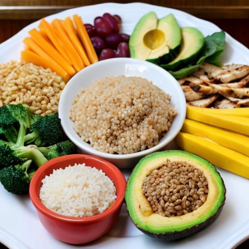 Цветная тарелка с разнообразной пищей: курица, авокадо, киноа, зелень и фрукты, символизирующая баланс макронутриентов.
