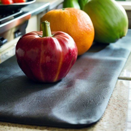 Здоровый образ жизни: яркие фрукты, овощи, вода, йога и гантели на кухонном столе.