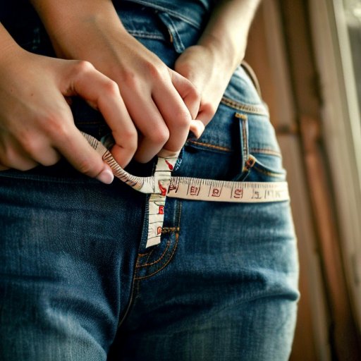 Измерительная лента, свернутая вокруг джинсов и рубашки, на деревянной поверхности, с весами и блокнотом о прогрессе.