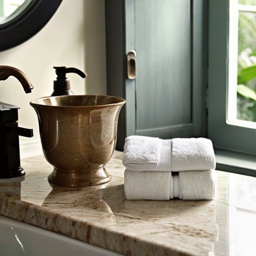 Спокойная ванная комната с набором для бритья на мраморной столешнице.