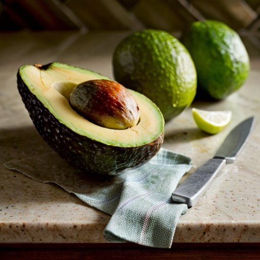 Упорядоченный кухонный стол с авокадо, лимонами и разделочной доской.