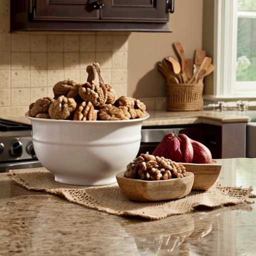 Рустикальная кухня с грецкими орехами, контейнерами и мешочком, уютная атмосфера.