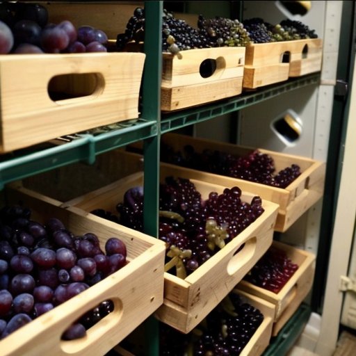 Организованное хранилище для винограда с холодильником, деревянными ящиками, вакуумными пакетами и инструментами для контроля температуры и влажности.