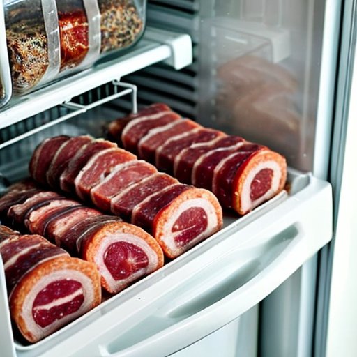 Аккуратно организованный холодильник с вяленым мясом в вакуумных пакетах, датированным, с гигрометром и сушащими агентами.