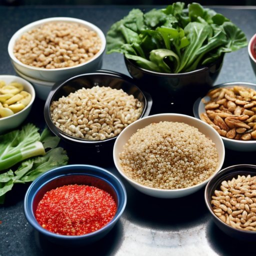 Организованный процесс приготовления еды с белковыми продуктами, блокнотом для фитнеса и гантелями на ярком фоне.