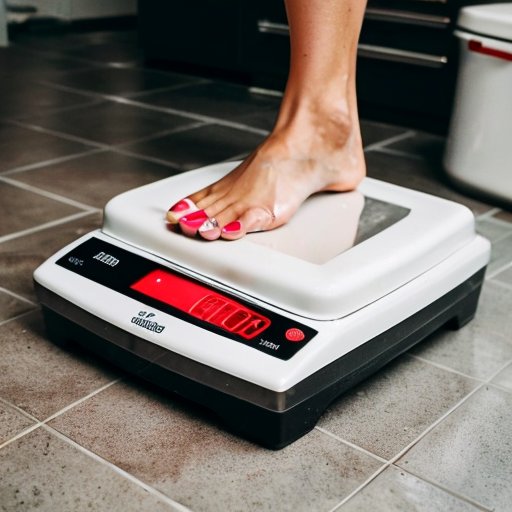 Современные весы на полу ванной, окружённые measuring tape, блокнотом с заметками и здоровым приготовленным блюдом, символизируют мотивацию и трансформацию в процессе похудения.