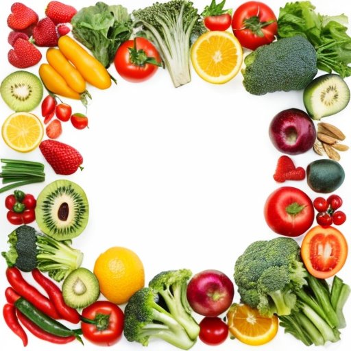 Яркая тарелка с овощами, фруктами, орехами и нежирным белком, стакан воды рядом.