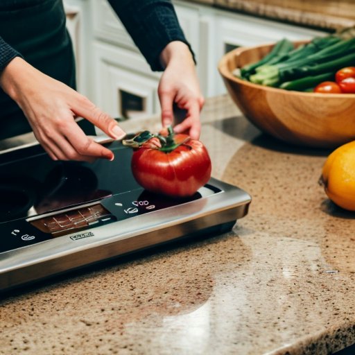 Организованная кухня с яркими продуктами и инструментами для подсчета БЖУ.