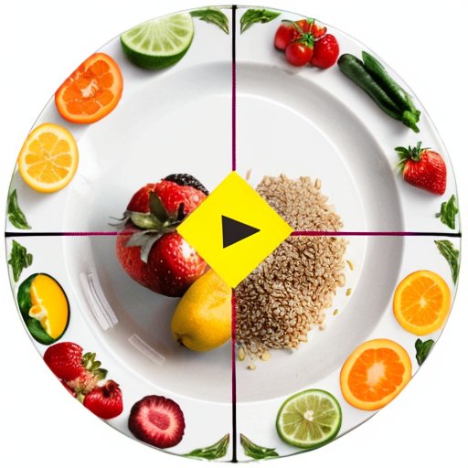 Здоровая тарелка с фруктами, овощами, злаками и белками, символизирующая дефицит калорий для похудения.