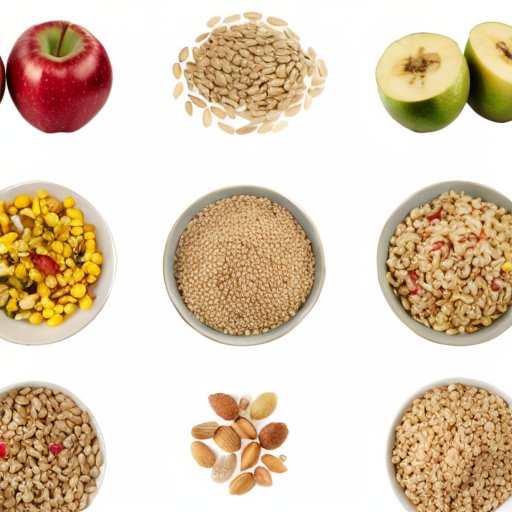 Сбалансированная тарелка с простыми и сложными углеводами: цельнозерновые, фрукты и овощи.