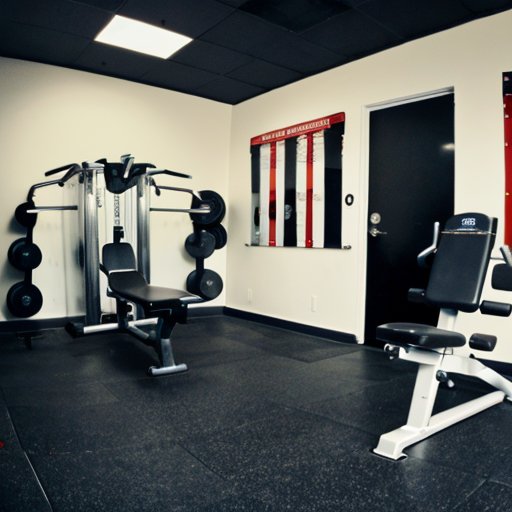Организованный спортивный зал с весами, гантелями, скамьей и белой доской с планом тренировок.