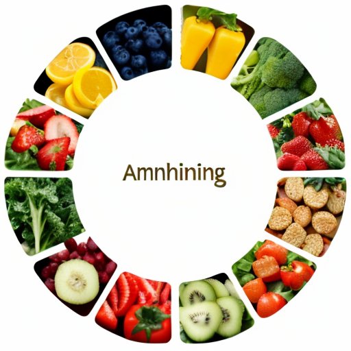 Сбалансированная тарелка с разнообразной едой и указателями увеличения калорийности.