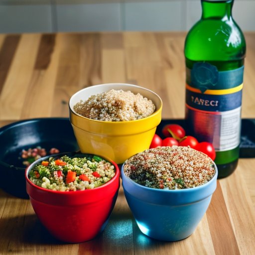 Здоровое питание для наращивания мышц: курица, киноа, овощи и цельнозерновые продукты на кухонном столе.