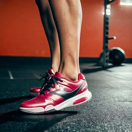 Динамичная сцена тренировки в современном спортзале с акцентом на кроссовки на мате и мотивационным стендом о прыжках.