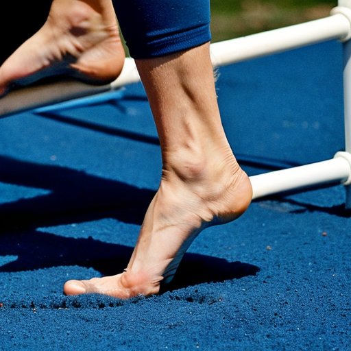 Схема для высокого прыжка: бар, мягкий мат, следы от ног и траектория прыжка на фоне синего неба.