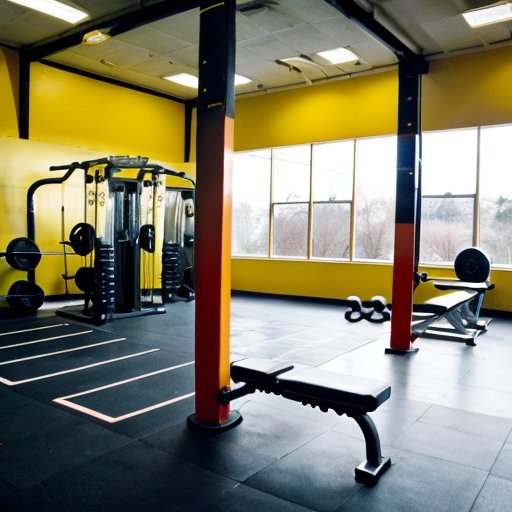 Современно оборудованный спортзал с тренажерами для верхней части тела, акцент на подтягивания и гантели, яркая и мотивирующая атмосфера.