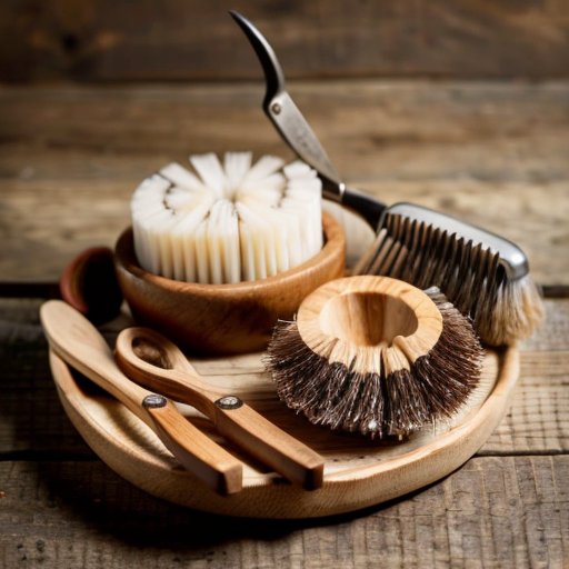 Набор для ухода за бородой из дерева с маслами и домашней маской на фоне природы.