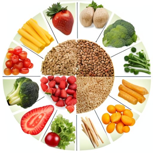 Здоровая тарелка с овощами, белками, цельнозерновыми и фруктами, на фоне схемы анатомии мышцы.