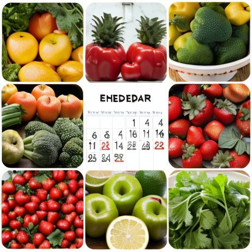 Яркая кухня с разнообразными свежими фруктами и овощами, компостером и планировщиком питания.