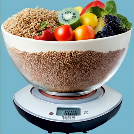 Сбалансированные весы с полезной едой и сантиметровой лентой на фоне графика снижения веса под ясным небом.