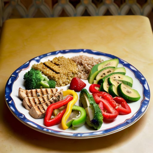 Сбалансированное питание: тарелка с белками, цельными злаками, овощами и здоровыми жирами, фруктами и водой.