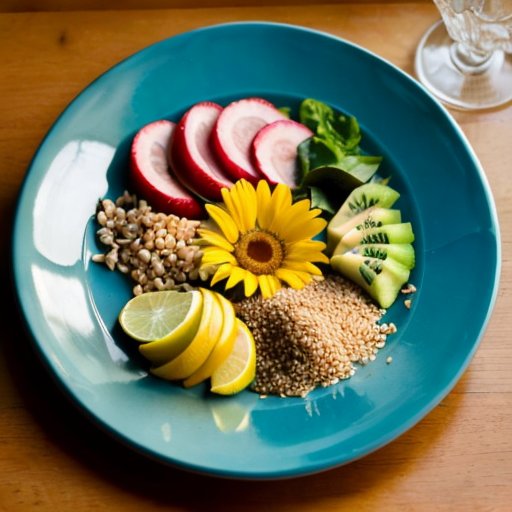 Здоровая тарелка с яркими продуктами на фоне чистой кухни.